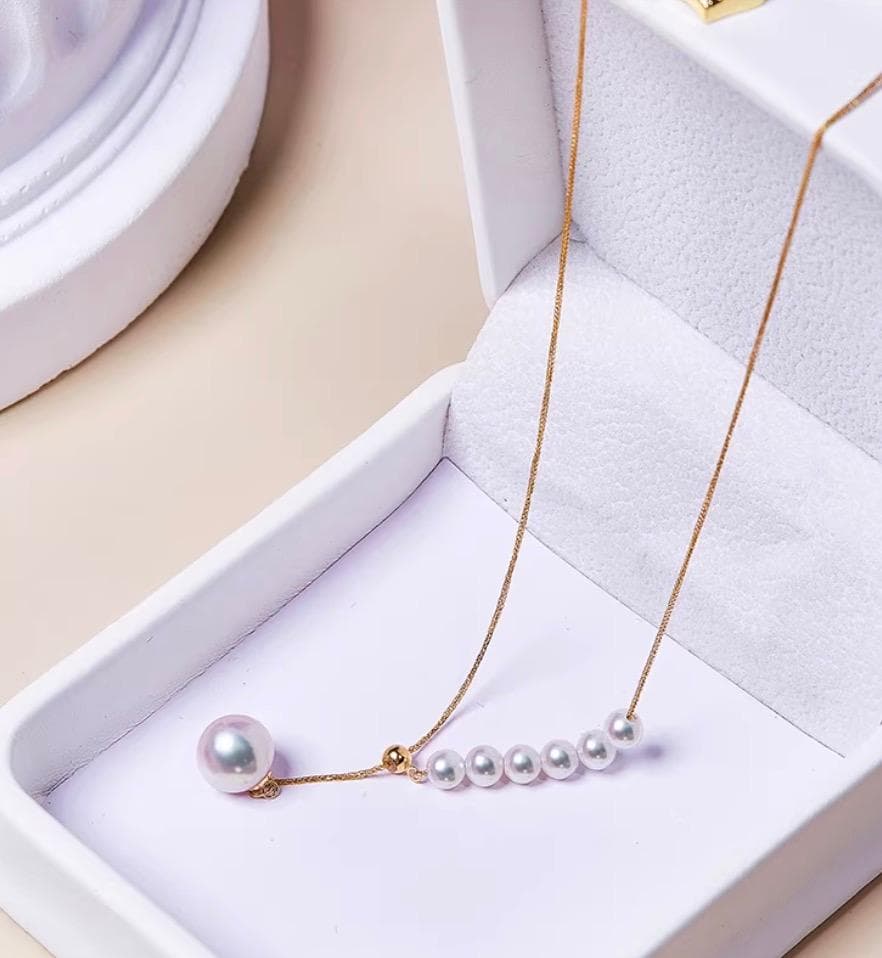 K18YG Akoya pearl Y-shape 2way slide adjuster Chopin chain necklace with pearls sized 3.5-8.5 mm, 45 cm long