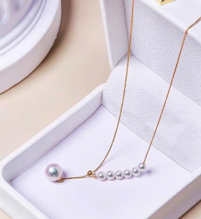 K18YG Akoya pearl Y-shape 2way slide adjuster Chopin chain necklace with pearls sized 3.5-8.5 mm, 45 cm long
