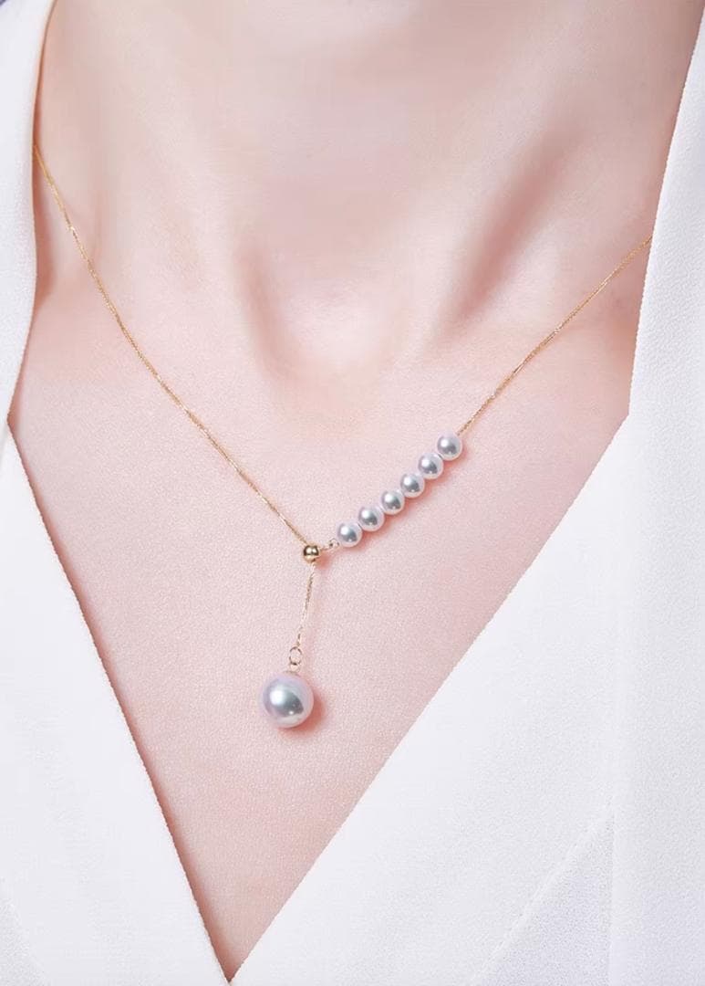 K18YG Akoya pearl Y-shape 2way slide adjuster Chopin chain necklace with pearls sized 3.5-8.5 mm, 45 cm long