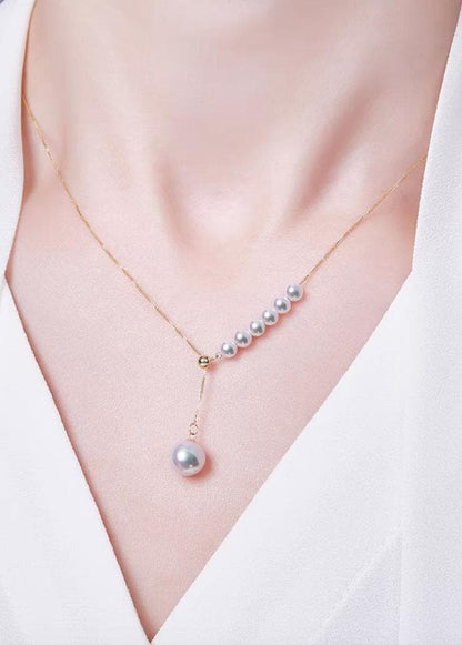 K18YG Akoya pearl Y-shape 2way slide adjuster Chopin chain necklace with pearls sized 3.5-8.5 mm, 45 cm long