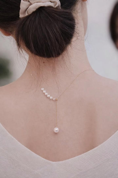K18YG Akoya pearl Y-shape 2way slide adjuster Chopin chain necklace with pearls sized 3.5-8.5 mm, 45 cm long