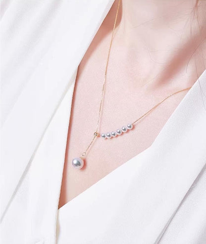 K18YG Akoya pearl Y-shape 2way slide adjuster Chopin chain necklace with pearls sized 3.5-8.5 mm, 45 cm long