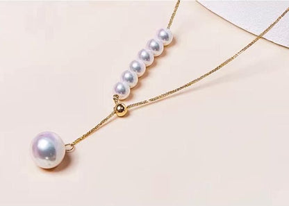 K18YG Akoya pearl Y-shape 2way slide adjuster Chopin chain necklace with pearls sized 3.5-8.5 mm, 45 cm long