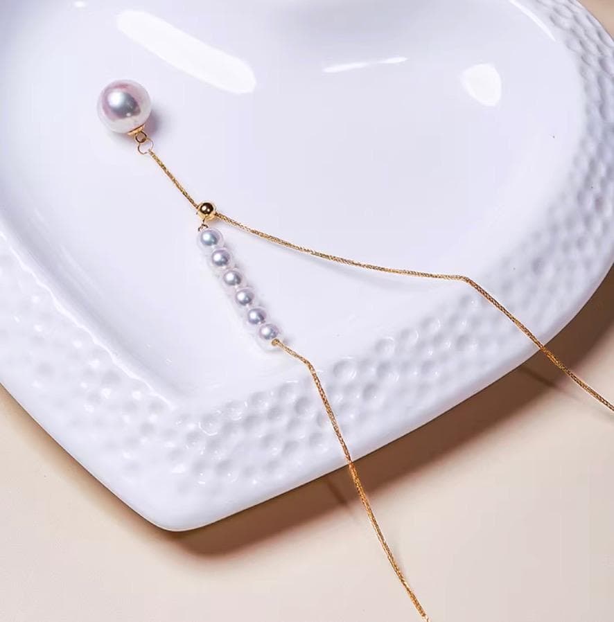 K18YG Akoya pearl Y-shape 2way slide adjuster Chopin chain necklace with pearls sized 3.5-8.5 mm, 45 cm long