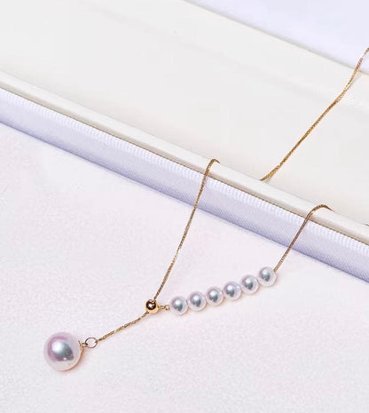 K18YG Akoya pearl Y-shape 2way slide adjuster Chopin chain necklace with pearls sized 3.5-8.5 mm, 45 cm long