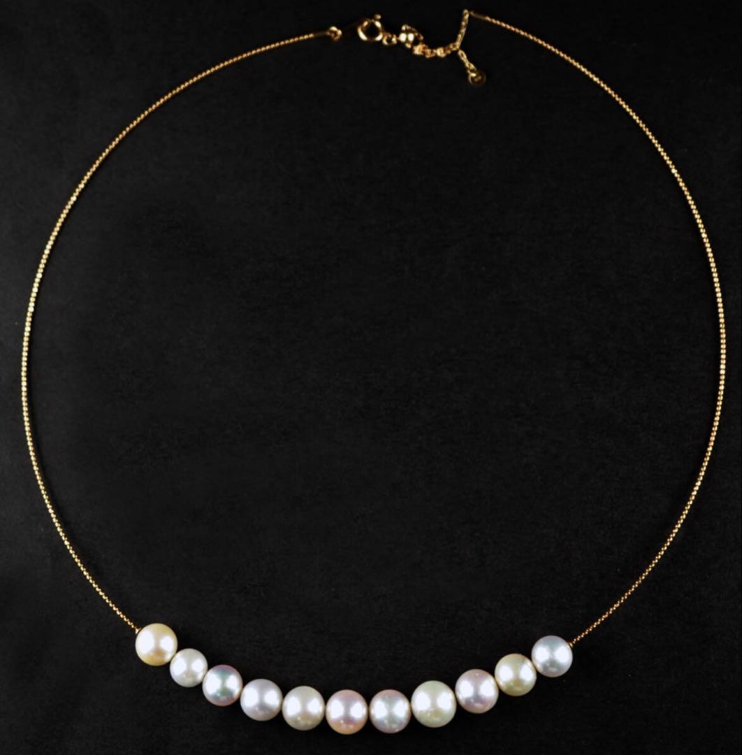 Akoya pearl necklace with 11 round pearls sized 7.5-8.5mm in white pink, gray, and champagne gold on K18 omega chain