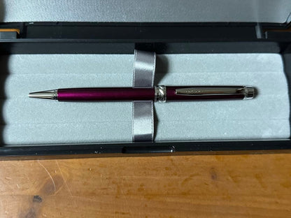 PILOT Grossery CR ballpoint pen in Bordeaux color with black ink, shown with box and case