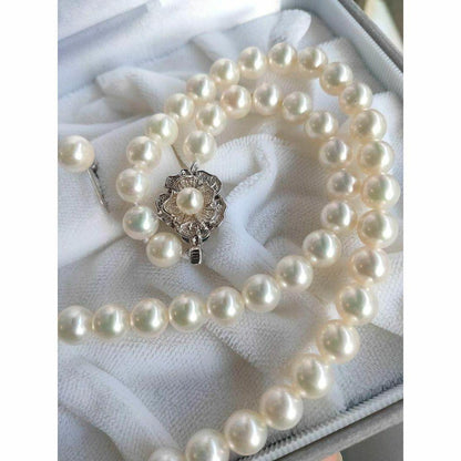 Kuro Pearls Necklace and Earring Set featuring 44cm silver necklace with round pearls and K14WG earrings in dedicated box