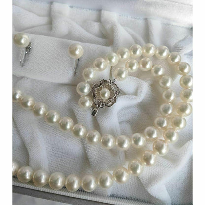 Kuro Pearls Necklace and Earring Set featuring 44cm silver necklace with round pearls and K14WG earrings in dedicated box