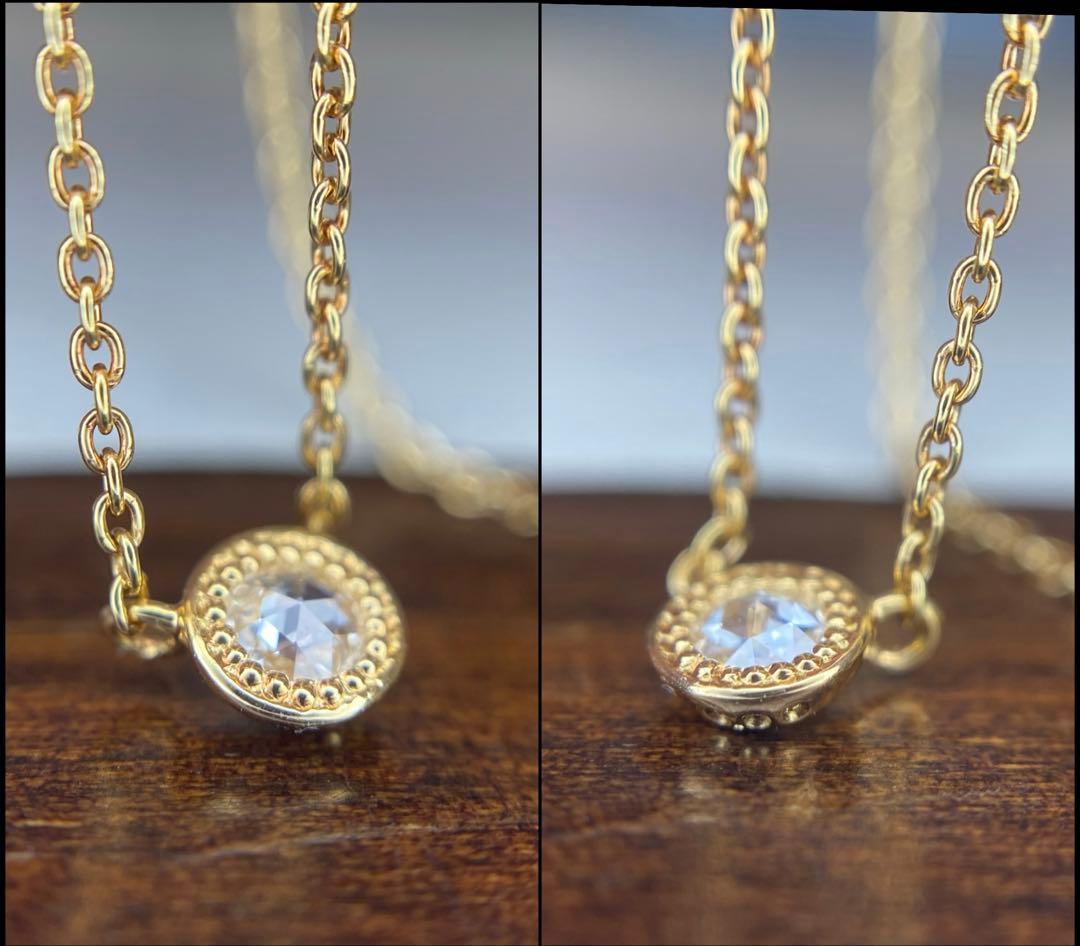 AGETE K18 yellow gold necklace with 0.03 ct rose cut diamond and milgrain detailing on a delicate chain