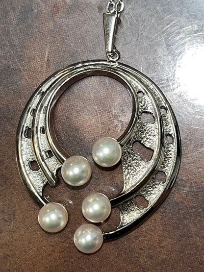 Tasaki large geometry necklace with 3.8cm pendant and 6.5mm Akoya pearl on 77cm chain