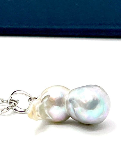Akoya pearl necklace with natural blue twin baroque pearls on a silver 925 clasp and stainless steel chain