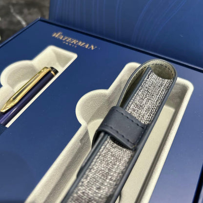 Waterman Expert Essential Blue metal pen with gold accents and included dedicated case
