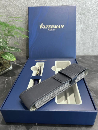 Waterman Expert Essential Blue metal pen with gold accents and included dedicated case