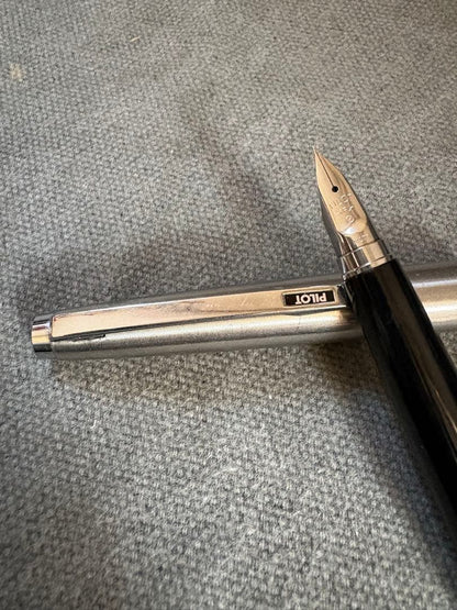 Pilot high-grade silver and black metal fountain pen with fine tip from 1970s Japan