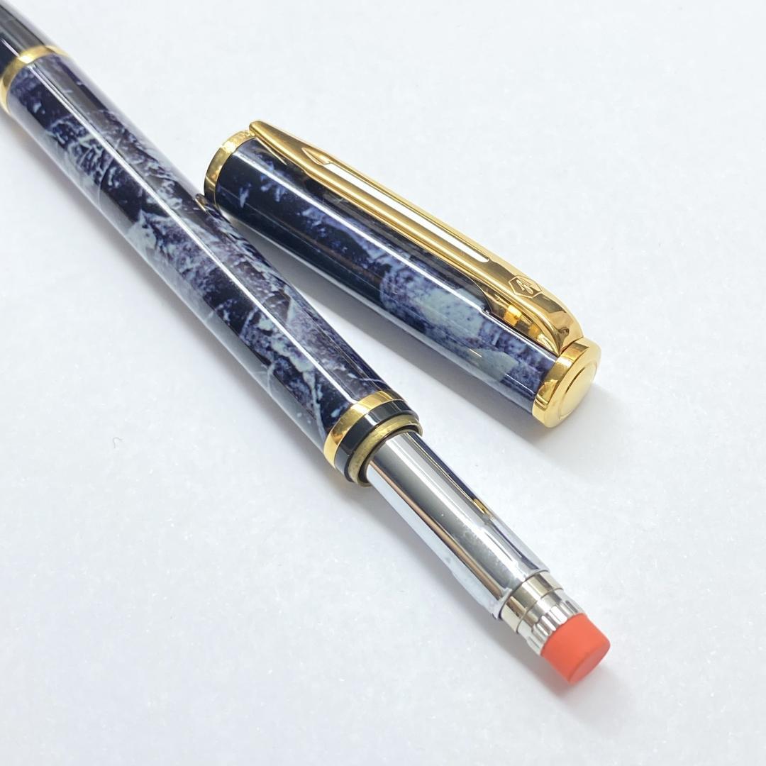 Waterman mechanical pencil in gray marble pattern with gold accents and 0.5 mm lead