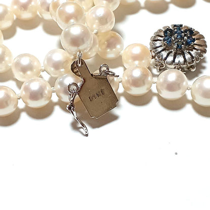 Akoya pearl sapphire long necklace 92 cm with 7 mm pearls and double lock clasp in 14KT gold