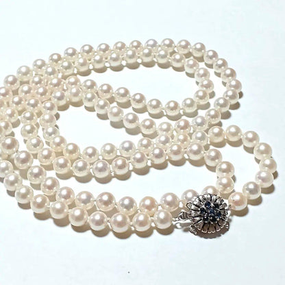 Akoya pearl sapphire long necklace 92 cm with 7 mm pearls and double lock clasp in 14KT gold