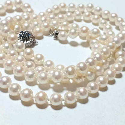Akoya pearl sapphire long necklace 92 cm with 7 mm pearls and double lock clasp in 14KT gold