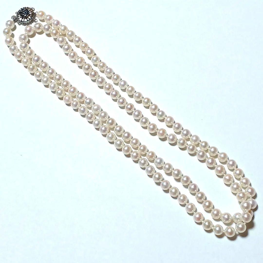 Akoya pearl sapphire long necklace 92 cm with 7 mm pearls and double lock clasp in 14KT gold