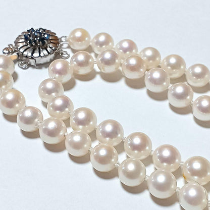 Akoya pearl sapphire long necklace 92 cm with 7 mm pearls and double lock clasp in 14KT gold