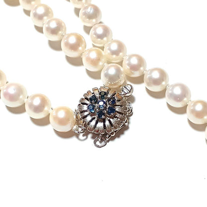 Akoya pearl sapphire long necklace 92 cm with 7 mm pearls and double lock clasp in 14KT gold