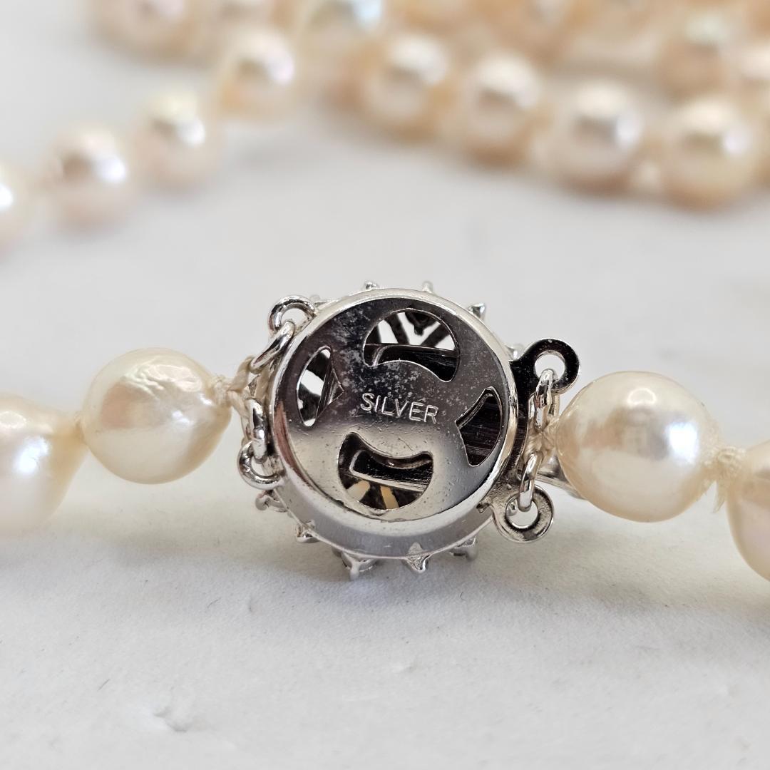 Authentic Akoya pearl super long necklace with 7mm beads and silver clasp, hand-tied all knot design, 134cm length