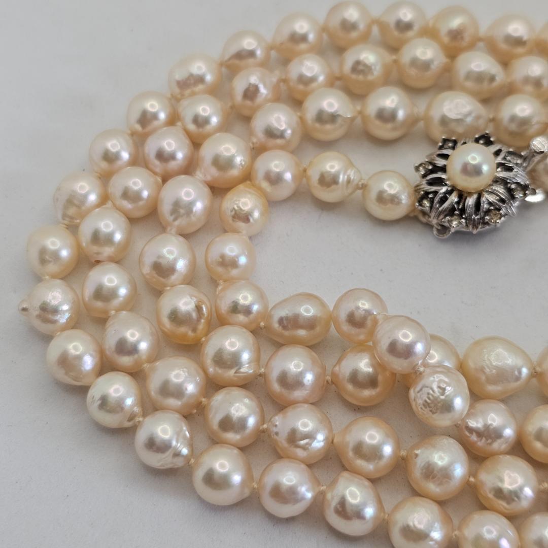 Authentic Akoya pearl super long necklace with 7mm beads and silver clasp, hand-tied all knot design, 134cm length