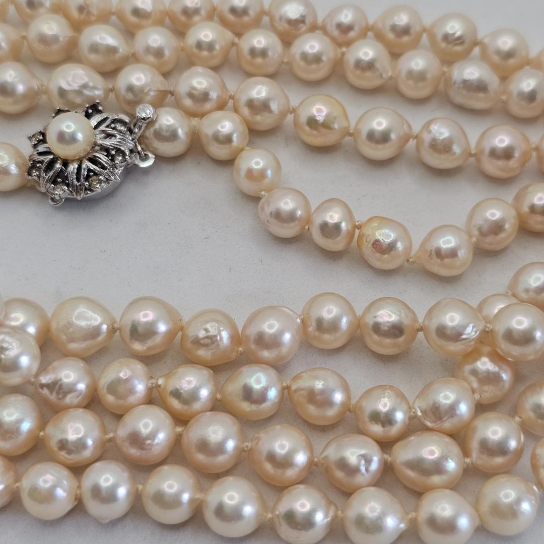 Authentic Akoya pearl super long necklace with 7mm beads and silver clasp, hand-tied all knot design, 134cm length