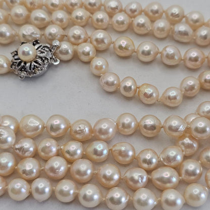 Authentic Akoya pearl super long necklace with 7mm beads and silver clasp, hand-tied all knot design, 134cm length