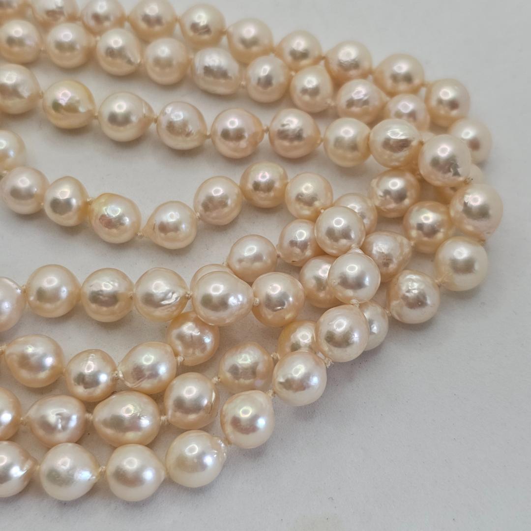 Authentic Akoya pearl super long necklace with 7mm beads and silver clasp, hand-tied all knot design, 134cm length