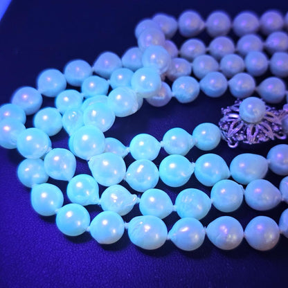 Authentic Akoya pearl super long necklace with 7mm beads and silver clasp, hand-tied all knot design, 134cm length