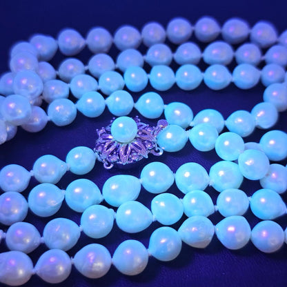 Authentic Akoya pearl super long necklace with 7mm beads and silver clasp, hand-tied all knot design, 134cm length