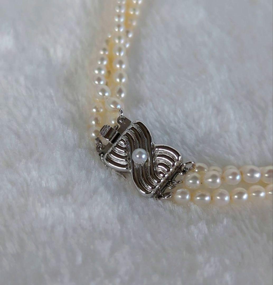 Tazaki Pearl 3-Strand necklace with baby freshwater pearls and silver case on white background
