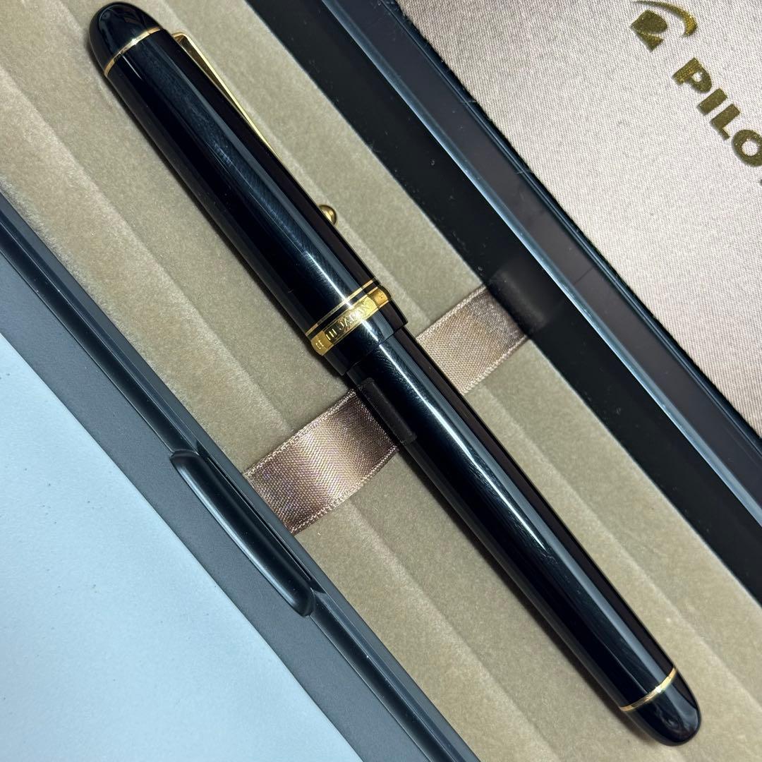 Pilot fountain pen with 14K nib displayed alongside its protective case