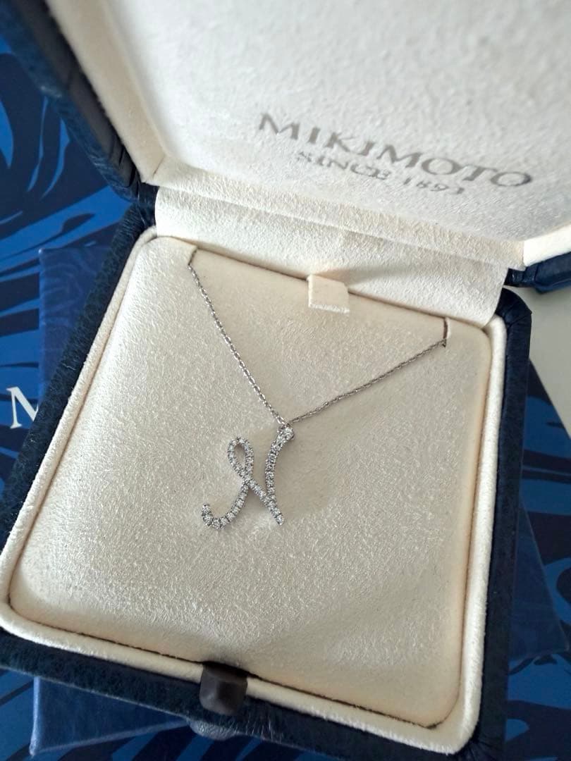 MIKIMOTO Initial Pendant N necklace with diamond decoration in WG18K white gold, 50 cm length