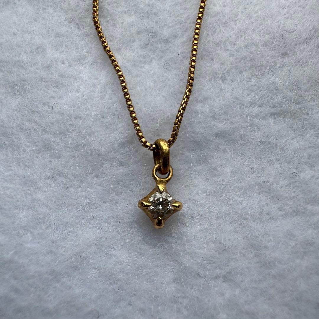 Agete K18 single diamond necklace with 0.05ct diamond and 42cm adjustable chain
