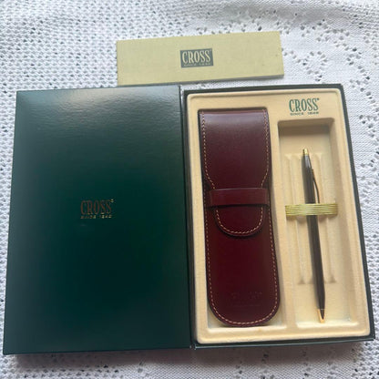 CROSS silver ballpoint pen set with metal body and leather case in original box