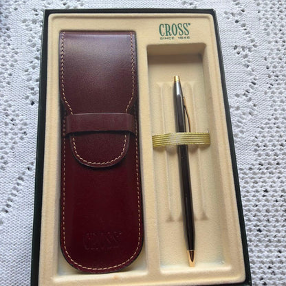 CROSS silver ballpoint pen set with metal body and leather case in original box