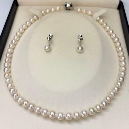 Aurora interference color Akoya pearl necklace and matching earrings with round white pearls and silver accents