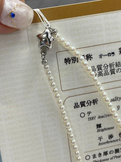 Akoya Pearl necklace with round untone Aurora iridescent pearls 3-3.5mm and silver star-shaped clasp