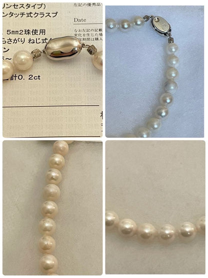 8.5mm Akoya pearl necklace with silver clasp and matching round pearl earrings featuring exposed flesh markings