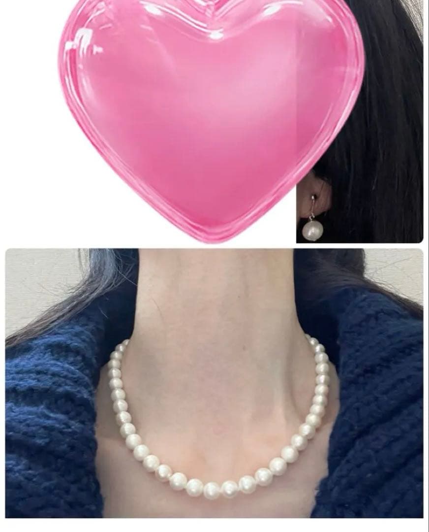 8.5mm Akoya pearl necklace with silver clasp and matching round pearl earrings featuring exposed flesh markings