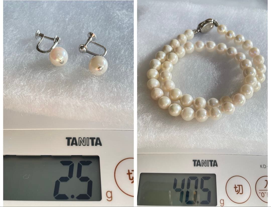 8.5mm Akoya pearl necklace with silver clasp and matching round pearl earrings featuring exposed flesh markings