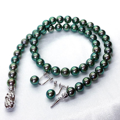 Akoya pearl necklace with peacock colored round pearls and K14WG cushion wire finish earrings with certificate and box