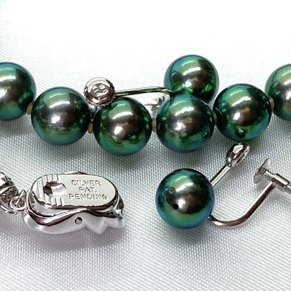 Akoya pearl necklace with peacock colored round pearls and K14WG cushion wire finish earrings with certificate and box