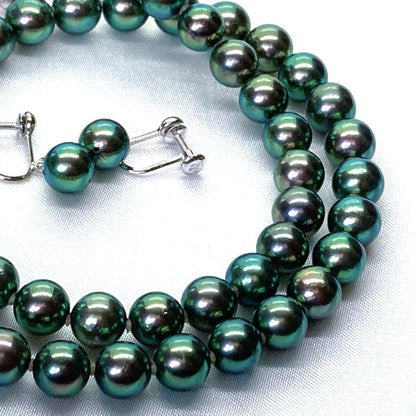 Akoya pearl necklace with peacock colored round pearls and K14WG cushion wire finish earrings with certificate and box