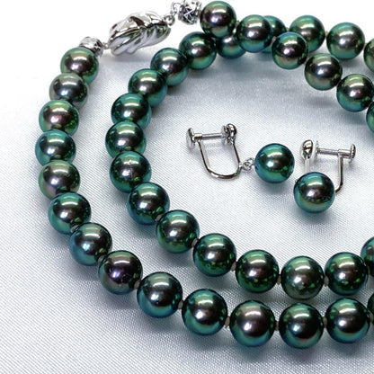 Akoya pearl necklace with peacock colored round pearls and K14WG cushion wire finish earrings with certificate and box