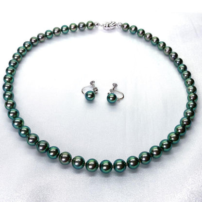 Akoya pearl necklace with peacock colored round pearls and K14WG cushion wire finish earrings with certificate and box