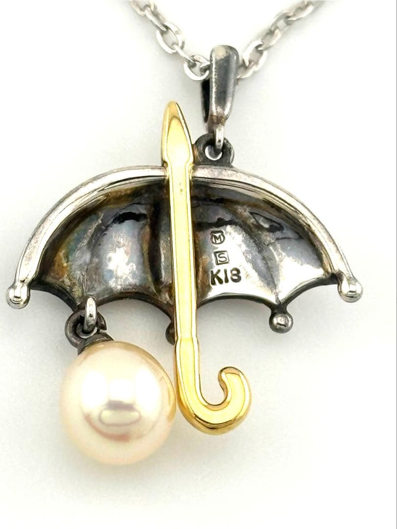 Mikimoto umbrella-shaped pearl necklace with K18 gold and silver chain measuring 36cm